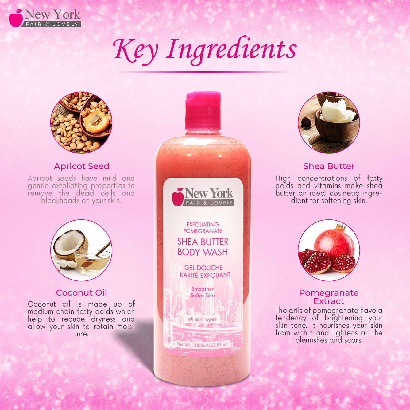 New York Fair & Lovely Exf. Pomegranate Shea Butter Body Wash - 1000ml / 33.81 Oz New York Fair & Lovely - Mitchell Brands - Skin Lightening, Skin Brightening, Fade Dark Spots, Shea Butter, Hair Growth Products