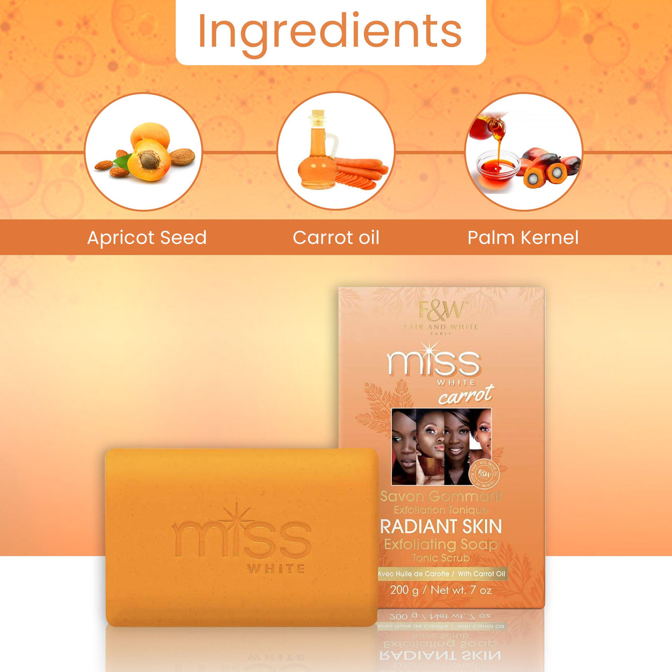 Miss White Carrot Exfoliating Soap Tonic Scrub 200g Mitchell Brands - Mitchell Brands - Skin Lightening, Skin Brightening, Fade Dark Spots, Shea Butter, Hair Growth Products